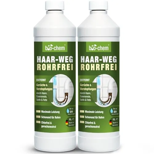bio-chem Haar-Weg Abflussfrei – Abflussreiniger EXTRA STARK – 2x 1000 ML - Bis zu 20 Anwendungen je Flasche Rohrreiniger – Extrem effektiver Abflussöffner & materialschonend - Made in DE