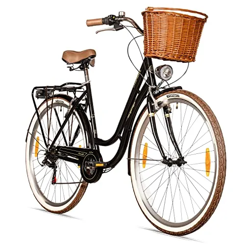 Bergsteiger Marseille 28 Zoll Damenfahrrad - Damen-Citybike im Retro-Design mit 6-Gang Shimano Tourney Schaltung, Rattan-Korb und dynamobetriebenem Licht – perfekt für stilvolle Ausfahrten in der Stadt.