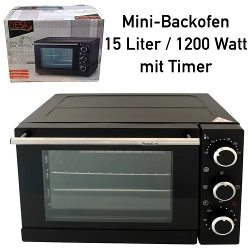 DESKI Minibackofen 15 Ltr. - 1200 Watt Mini Backofen mit Gitterrost und Timer, kompakt und ideal für kleine Küchen