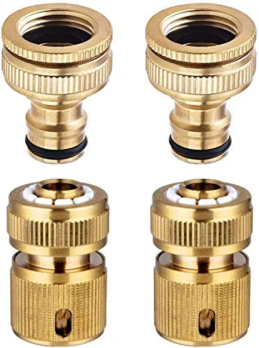 Hydrogarden 4 Stück Messing Schlauchanschluss, 1/2 Zoll und 3/4 Zoll 2-in-1 Gartenschlauchanschluss, 1/2 Zoll Schnellkupplung, Innengewinde Wasserhahnanschluss Adapter