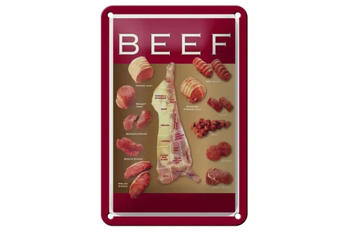 Blechschild Metzgerei 12x18 cm beef cut verschiedene Stücke vom Fleisch Schild