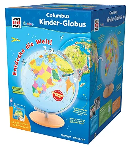 WAS IST WAS Junior Columbus Kinder-Globus - Leuchtglobus mit 26 cm Durchmesser, ideal für Kinder und inklusive Weltatlas für spannende Entdeckungsreisen in Naturwissenschaften & Technik.