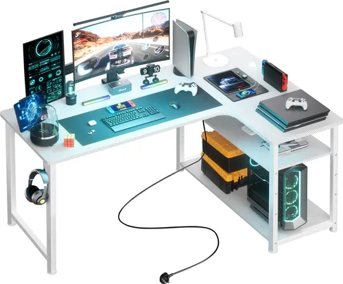 COMHOMA Gaming Eckschreibtisch mit USB-Ladeanschluss - Computermöbel mit integriertem USB-Ladeanschluss und Steckdose für praktisches Gaming. Geräumige Regale bieten Platz für Zubehör und die L-Form maximiert den Platz in jedem Raum.