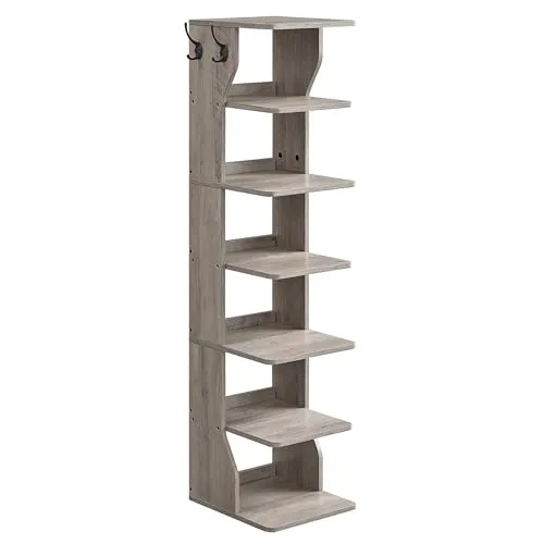 VASAGLE Schuhregal schmal, Standregal mit 7 Ebenen, platzsparend, für Eingangsbereich, Ecke, Schuhablage, Greige meliert LBS200L01