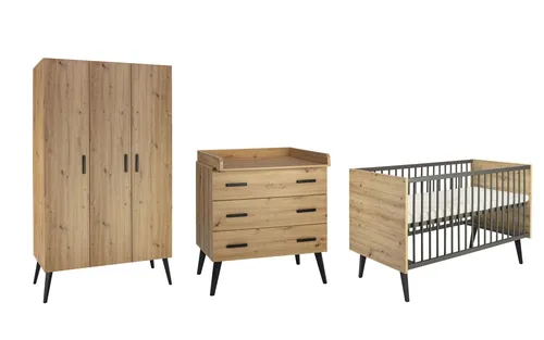 Schardt Kinderzimmer Set Morris Oak 4-teilig - Komplettzimmer für Kinder, inklusive Schrank mit 3 Türen und hochwertiger Verarbeitung für langlebige Nutzung.