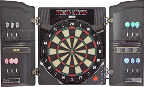 B Best Sporting Dartautomat Oxford 2.0 - Elektronische Dartscheibe mit LED-Anzeige und stilvollem Walnuss-Kabinett, ideal für spannende Dartsabende zu Hause.