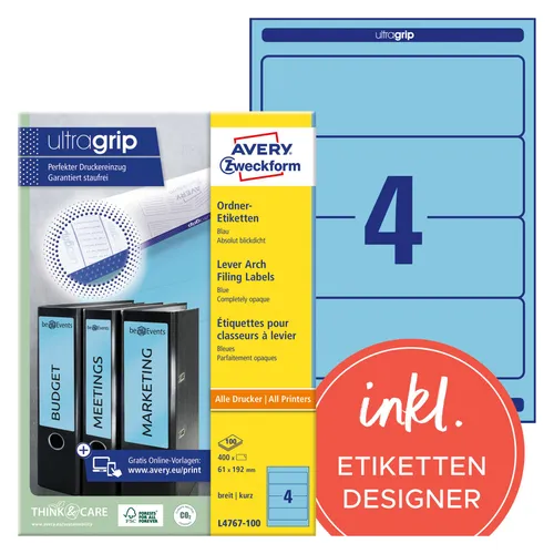 AVERY Zweckform Rückenschilder L4767-100, 61 x 192 mm, blau, 400 Stk - Ordnerrücken-Etiketten für eine perfekte Organisation, selbstklebend und langlebig für ein ordentliches Büro