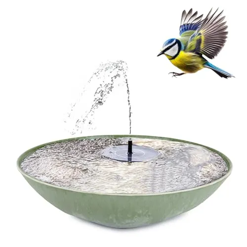 matches21 HOME & HOBBY Solar-Brunnen Set - 45 cm grüne Wasserschale für Garten - Teichdekoration: Solarbetriebene Wasser-Fontäne, ideal für Garten und Vogeltränke, sorgt für entspannendes Plätschern und zieht Tiere an.