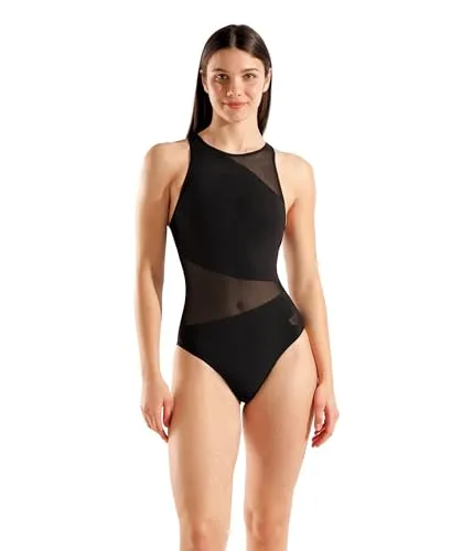 Arena Women's Mesh Angle Swimsuit Vent Back B - Stylischer Badeanzug in Schwarz - Badeanzug mit modischen Mesh-Einsätzen und hervorragender Passform, ideal für Schwimmen. Größe 34, aus 74% recyceltem Polyamid und 26% Elasthan für optimalen Komfort.
