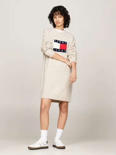 Strickkleid "TJW MLNGE FLAG SWEATER DRESS EXT", in Großen Größen, mit Wollanteil & Elasthan, Logo-Flag, Gr. XXXL (46) - N-Gr, Ancient White Melange N-Gr