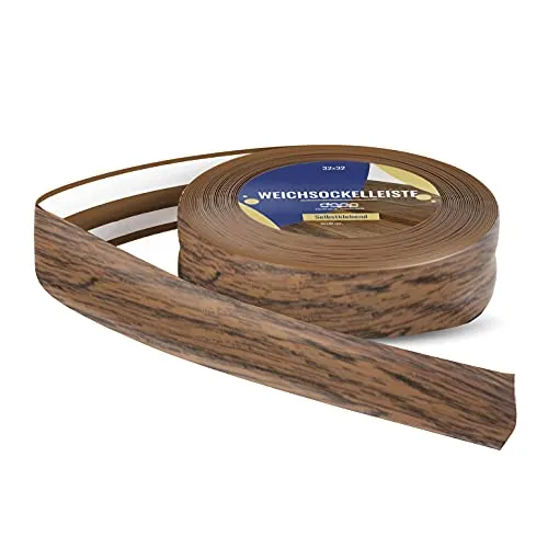 DQ-PP Weichsockelleiste 20m – Eiche rustikal – PVC selbstklebend - Hochwertige PVC-Weichsockelleiste in Eiche rustikal, 20m lang. Ideal für alle Bodenbeläge, einfach zu montieren und verformungssicher – für ein modernes Wohnambiente.