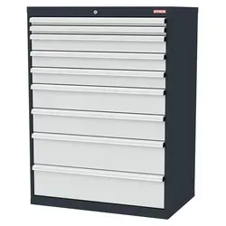 STIER Schubladenschrank 9 Schubladen 900 x 575 x 1220mm - Praktischer Schubladenschrank mit 9 Schubladen für eine effiziente Werkzeugorganisation in Werkstätten. Robuste Stahlkonstruktion und hohe Tragkraft von 80 kg pro Schublade garantieren Langlebigkeit und Sicherheit.