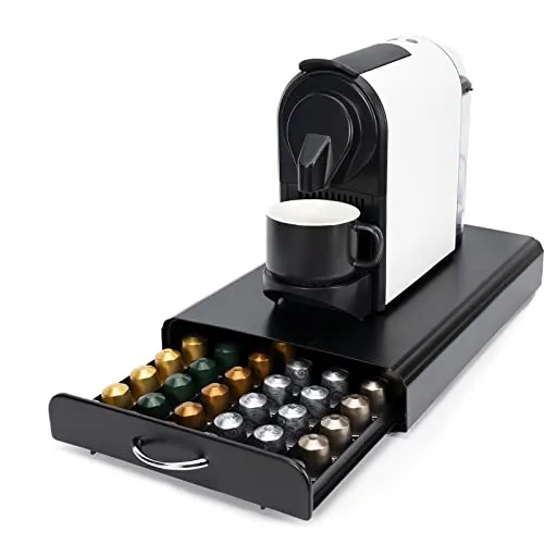 SYSYLY Kapselhalter, Kapsel Schublade zur Aufbewahrung für Nespresso Kapseln, Organiser für 60 Stück, Metall, Schwarz.