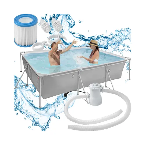 tectake Swimming Pool Grau, 375x282x70 cm - Robustes Aufstellbecken für die ganze Familie mit einfacher Montage und Filterpumpe. Genieße erfrischende Sommertage in Deinem eigenen Gartenpool!
