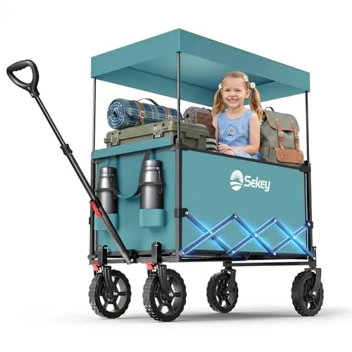 Sekey XXL Bollerwagen Faltbar Kinder 150L 150KG - Handwagen mit abnehmbarem Dach für flexiblen Sonnenschutz und Regenabwehr, ideal für Ausflüge, Strand und Camping. Hohe Tragkraft von 150 kg sorgt für Sicherheit und Stauraum.