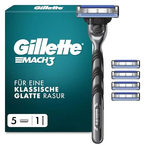 Gillette Mach3 Systemklingen 5er + Handstück Herrenrasierer - RASIERER HERREN – Gillette Mach3 Rasierer mit 3 Klingen für eine gründliche und sanfte Rasur, inklusive Handstück und 5 Ersatzklingen für langanhaltende Leistung.