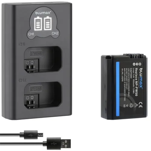 Blumax Akku kompatibel mit Sony NP-FW50 [ 950mAh ] + Slim Dual Charger für Alpha 7 7II 7R 7S II 6300 6500 / NEX-7 NEX-F3 / DSC RX10 IV // ZV-E10