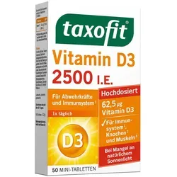 Taxofit Vitamin D3 2500 I.E. Tabletten – 50 Stück - Nahrungsergänzungsmittel zur Unterstützung des Immunsystems, hochdosiert mit 2500 I.E. Vitamin D3 für optimale Gesundheit.