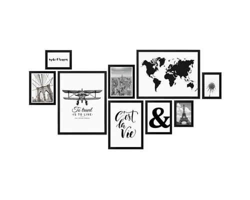 PHOTOLINI Bilderrahmen Set schwarz - 9-teiliges Holz MDF Set - Bilderrahmen für Poster, stilvolle Wandgestaltung mit 9 verschiedenen Größen, bruchsicheres Acrylglas und einfache Motivwechsel für Ihr Zuhause.