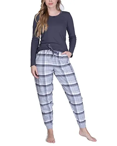 maluuna Damen Schlafanzug mit Flanellhose und Bündchen, Farbe:anthrazit, Größe:S