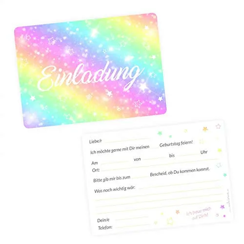nikima Schönes für Kinder 10 Einladungskarten Regenbogen Sterne mit Glitzer inkl. 10 transparenten Briefumschlägen Kindergeburtstag Mädchen Bunt Einladung Sterne PARTY Bunt