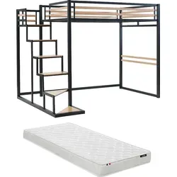 Zwischengeschossbett 140 × 200 cm - Metall und MDF - schwarz und naturfarben - mit Matratze im Lieferumfang - JOGUI - Schwarz