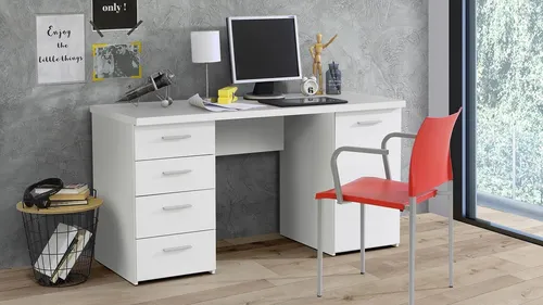 Schreibtisch MT926 - Moderner Computertisch für Jugendliche - Kinderschreibtische mit 2 Regalfächern, 4 Schubladen und einem Schrank, ideal für Ordnung und Stauraum im Jugendzimmer. Stilvolles Design in mattem Weiß.