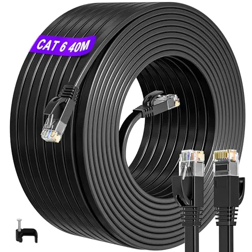 ikbc Lan Kabel 40 Meter, Cat 6 Ethernet kabel Flach 40m, High Speed Netzwerkkabel 40m InternetKabel, Flaches Lan RJ45 Kabel Outdoor Indoor, Gigabit Patchkabel für Modem Router (40 Clips)