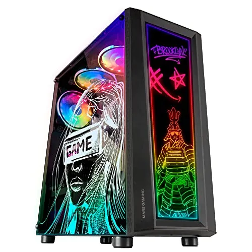 Mars Gaming MC-Art Schwarz - PC Gaming ATX Gehäuse - PC-Gamecontroller mit doppelt zeichnbarer gehärteter Glasfront, 12 RGB-Modi und fortschrittlicher Kühlung für individuelles Gaming-Setup.