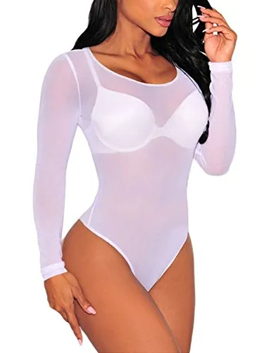 SEBOWEL Damen Body Sexy Transparent Mesh Langarm Bodysuit Tops (M, Weiß)