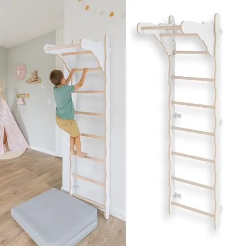 MAMOI® Indoor Klettergerüst für Kinderzimmer – Sprossenwand mit Turnringen - Robuste Sprossenwand aus hochwertigem Holz für drinnen, bis 100 kg belastbar. Verstellbare Klimmzugstange und leicht montierbare Turnringe bieten vielfältige Trainingsmöglichkeiten für jedes Alter.