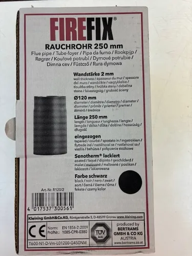 FireFix R120/2 Ofenrohr Ø 120 mm 25 cm eingezogen schwarz Ofen Kamin Rauchrohr