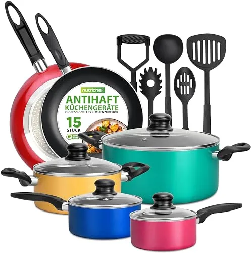 NutriChef 15-teiliges Topf- & Pfannenset | Buntes Kochgeschirr mit Antihaftbeschichtung - Topf- & Pfannensets: 15-teiliges Set mit langlebiger Antihaftbeschichtung, ergonomischen Griffen und hitzebeständigen Glasdeckeln für stressfreies Kochen auf allen Herdarten.