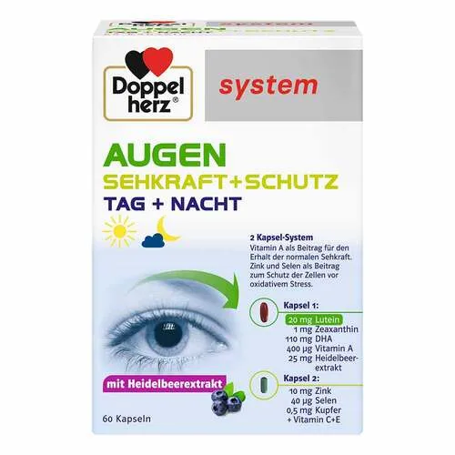 Doppelherz system Augen Sehkraft + Schutz Tag und Nacht - Nahrungsergänzungsmittel zur Unterstützung der Augengesundheit mit einem einzigartigen 2 Kapsel-System für optimale Versorgung von Sehzellen, ideal für klare Sicht und Sehschärfe.