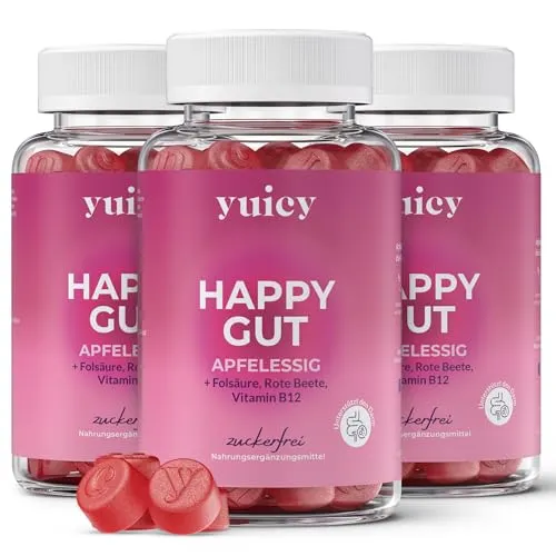 YUICY® Apfelessig Gummibärchen hochdosiert - Gummibärchen zum Abnehmen mit Apfelessig, Vitamin B12 & Folsäure - Leckere Apfelessig Gummies für den Stoffwechsel - 180 Stk. - Zuckerfrei - BODY GLOW