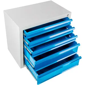 ADB Schubladenschrank 24775, 5 Schübe in Blau und Lichtgrau - Robuster Schubladenschrank mit 5 Vollauszügen, ideal für Werkstätten. Zentralverriegelung und ergonomische Griffleisten sorgen für Sicherheit und Komfort. Made in Germany.