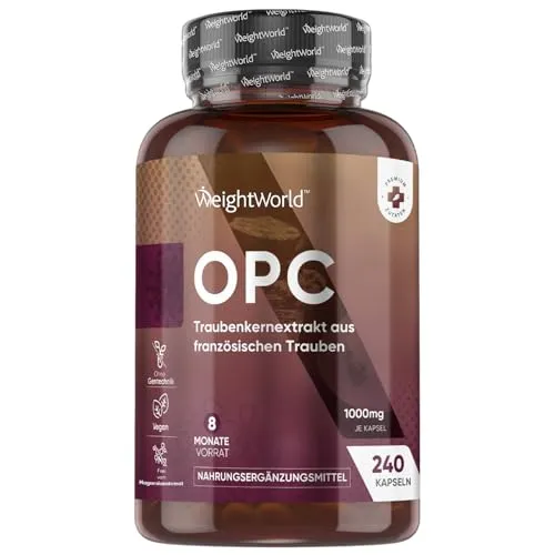 WeightWorld OPC Kapseln - 240 Kapseln mit 95% Traubenkernextrakt - WeightWorld OPC Kapseln bieten einen 8-monatigen Vorrat mit 240 Kapseln. Jede Kapsel enthält hochwertiges Traubenkernextrakt für eine optimale Unterstützung der täglichen Ernährung. Vegan und ohne unnötige Zusatzstoffe.