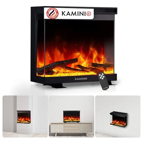 KAMINIO Elektrokamin LEA - 3-in-1 Kamin mit Panoramaview und Fernbedienung - Vielseitig nutzbarer Elektrokamin als Stand-, Wand- oder Einbauvariante mit energiesparender 3D-Flammentechnologie und 12 Flammenfarben für jeden Raum.