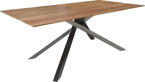 DELIFE Esszimmertisch Edge Akazie Natur 200x100 Kreuzgestell Rechteck Edelstahl Schweizer Kante Esstisch