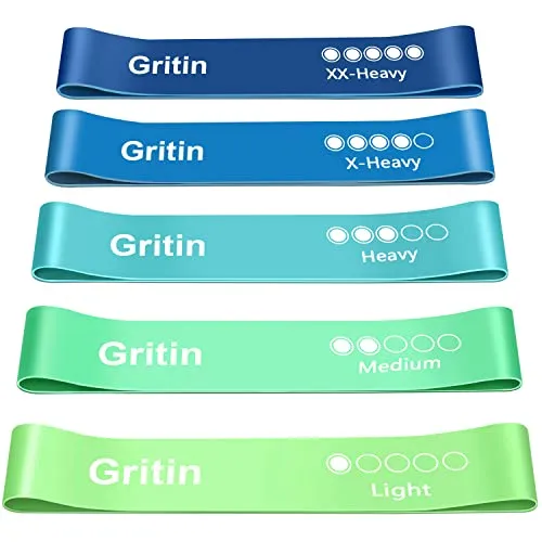 Gritin Fitnessbänder Widerstandsbänder mit 5 Stufen, Latex Fitnessband Resistance mit Deutscher Übungsanleitung & Tragebeutel, Gymnastikband für Muskelaufbau, Yoga - 5er Set