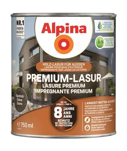 Alpina Premium-Lasur 2,5 Liter seidenmatt - Alpina Premium-Lasur für intensiven Wetterschutz bis zu 8 Jahre. Ideal für raue Witterungsbedingungen, extrem wasserabweisend und leicht aufzutragen. Perfekt für langlebige Holzpflege.