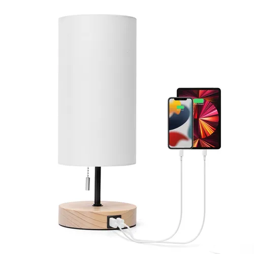 Aigostar Nachttischlampe mit 2 USB-Ladeanschlüssen und Holzsockel - Moderne Tischleuchte mit 2 USB-Anschlüssen für gleichzeitiges Laden von zwei Geräten. Zugschalter für einfache Bedienung und EVA-Matte zum Schutz Ihrer Möbel. Ideal für jeden Nachttisch.