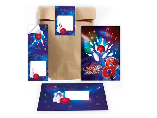 LIMONIA Einladungskarten Bowling zum 8. Geburtstag Einladungen Karten mit Umschlägen Mitgebsel, Mitbringsel Set Kegeln für Kinder zum achten Geburtstag Gastgeschenke