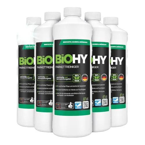 BiOHY Parkettreiniger (6 x 1 Liter) | Konzentrat für versiegeltes & geöltes Parkett | materialschonend & schmutzlösend | für eine streifenfreie Reinigung | 2 in 1 Pflege & Reinigungsmittel