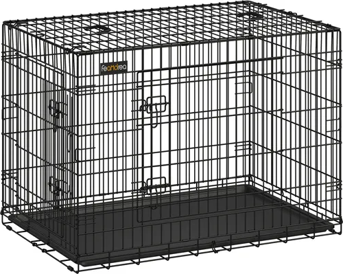 Feandrea Klappbarer Hundekäfig XXL mit 2 Türen - Hundeboxen für Hunde bis 50 kg, aus robustem Metalldraht mit abnehmbarer Kunststoffschale für einfache Reinigung und doppelter Sicherheit durch L-förmige Riegel.