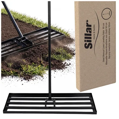 Rasenrakel 90x30cm Sillar Flächenebner - Der Sillar Rasenrakel ist ideal für die Gartenpflege. Mit einer Breite von 90 cm und aus robustem Kohlenstoffstahl gefertigt, sorgt er für eine gleichmäßige Erd- und Rasenneigung.