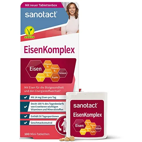 sanotact Eisen Komplex (100 Mini-Tabletten) • Mit 14mg Eisen hochdosiert, Kupfer, Folsäure, Vitamin C, B2, B6, B12 • Sofortwirkung bei Eisenmangel • Eisen für Blutbildung • 100% Vegan