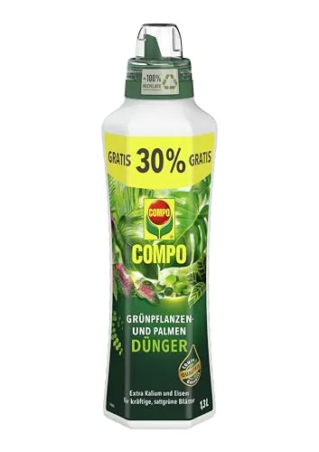COMPO Grünpflanzendünger und Palmendünger für alle Zimmer-, Balkon- und Terrassenpflanzen, Spezial-Flüssig-Dünger mit extra Kalium und Eisen, 1,3 Liter