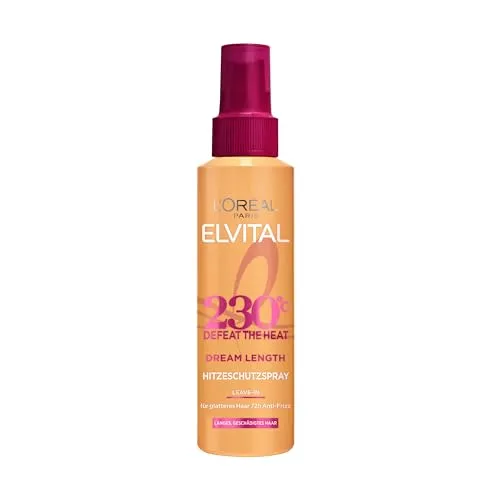 L'Oréal Paris Elvital Dream Length Defeat The Heat Hitzeschutzspray - Hitzeschutzspray für langes Haar, schützt bis 230°C und sorgt für 3 Tage Anti-Frizz. Mit Vitaminen und Rizinusöl für strahlenden Glanz und leichtes Styling.
