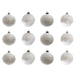 Kaemingk Weihnachtsbaumkugel, Weihnachtskugeln Glas mit Spitze und Federn 8cm klar / weiß, 12er Set weiß